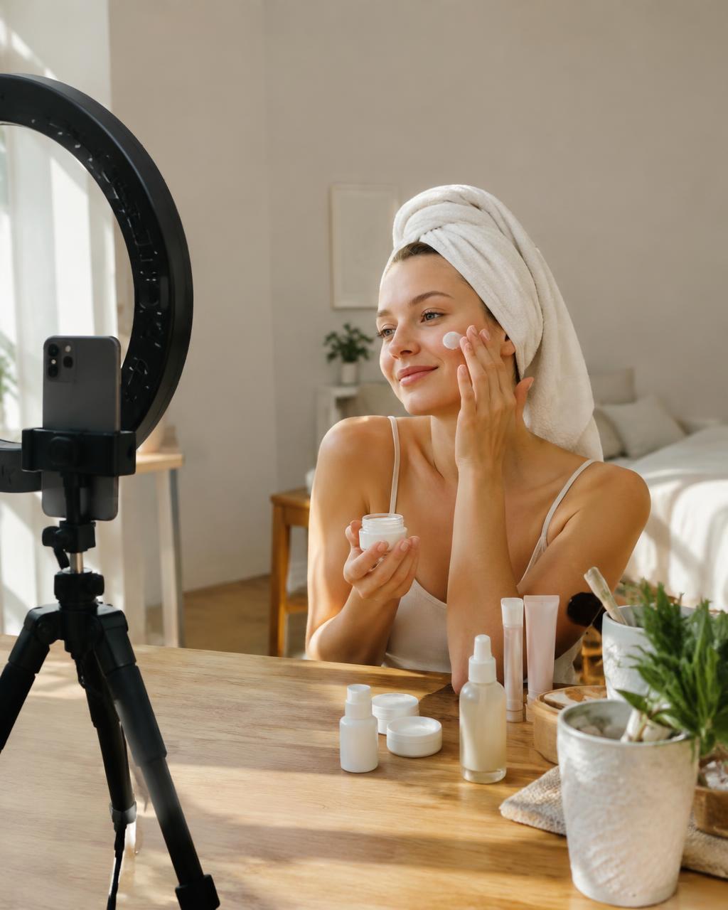 Creator filming a skincare routine with a phone and ring light
