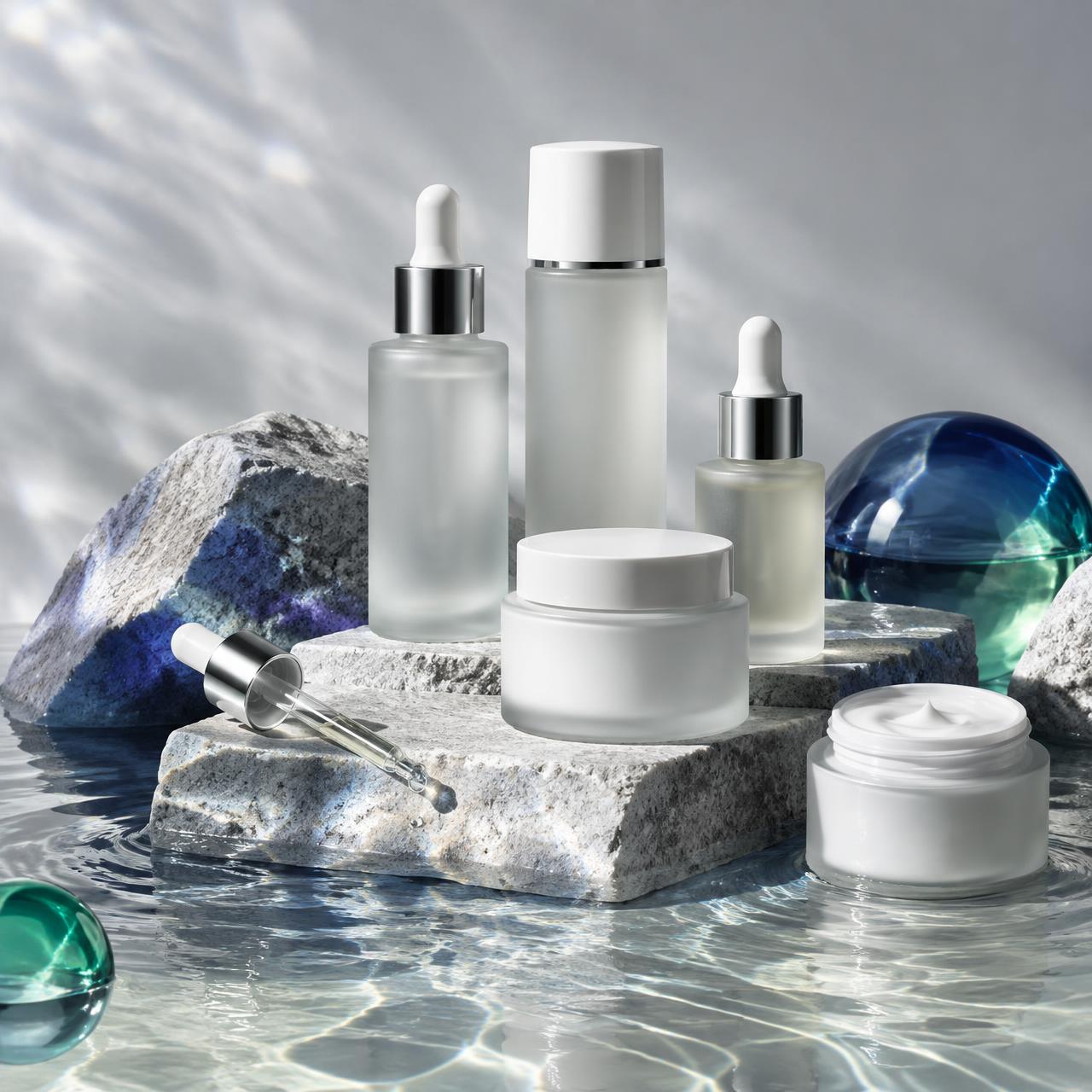 Premium skincare bottles on stone and water